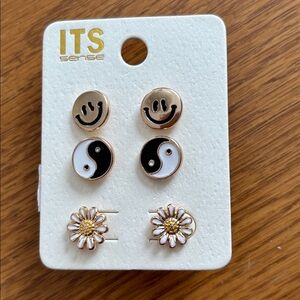 ITS Sense Smiley, Daisy, and Yin Yang Stud Earrings Set Mix and Match-Gold Tones